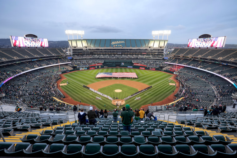 Aerial view of the Oakland Coliseum, a nearly empty stadium