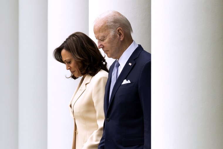 Vice President Kamala Harris and President Joe Biden visit the White House Rose Garden in 2023.