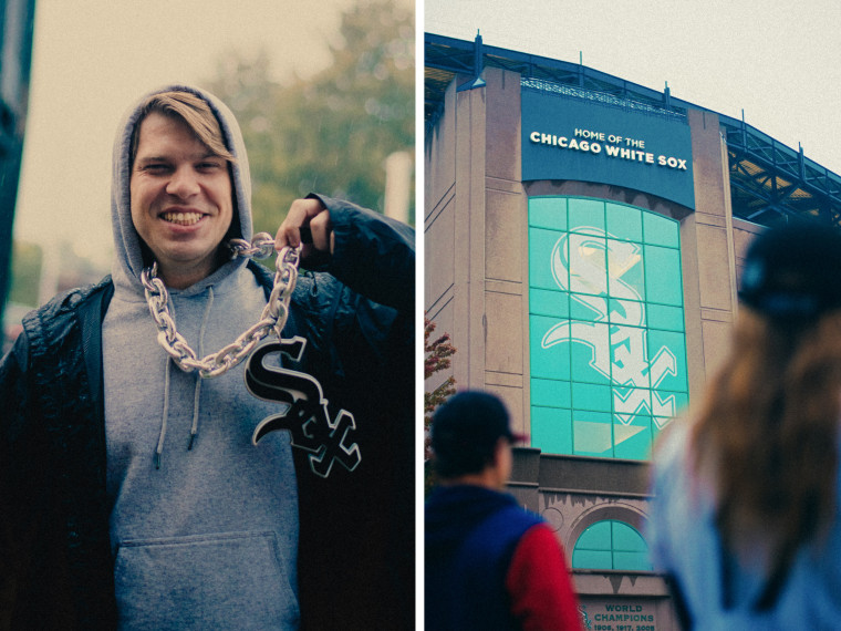 Matt Kralovec shows off a Sox fan chain, ahead of the game.
