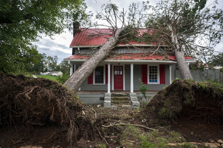 Downed trees on a home in the aftermath of Hurricane Helene on September 29, 2024 in Rutherfordton, N.C.