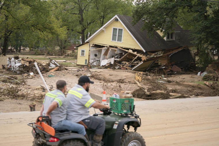 A storm-damaged house in the aftermath of Hurricane Helene on Sept. 30, 2024 in Old Fort, N.C.