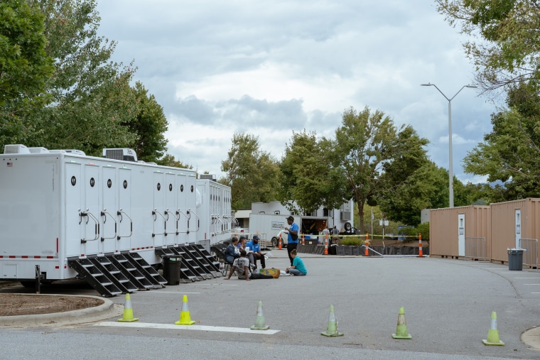 Restrooms and bathhouses at the Red Cross shelter on the campus of Asheville-Buncombe Technical Community College on Monday.