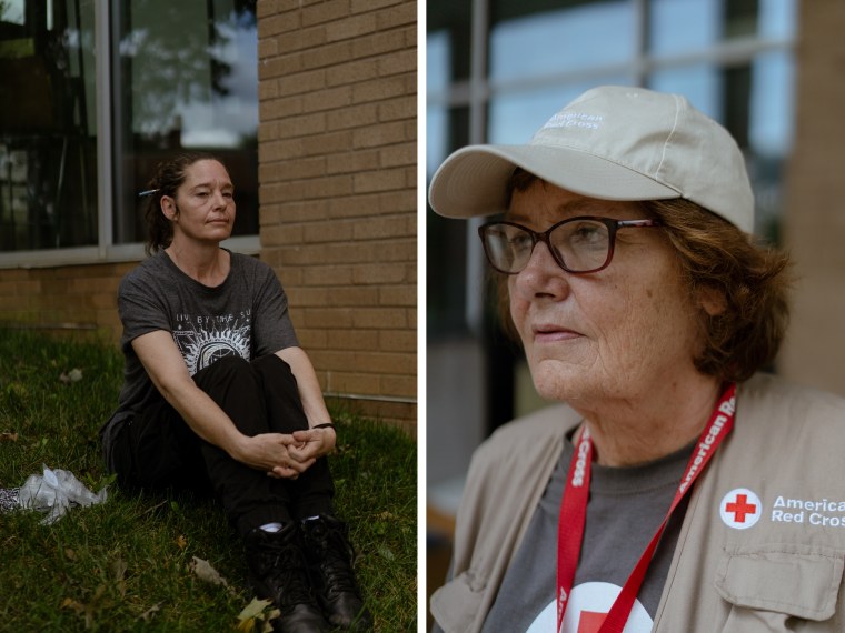 Sabrina Ledford, left, from Asheville, and Karol Chase, from Michigan, outside the Red Cross shelter at A-B Tech on Monday.