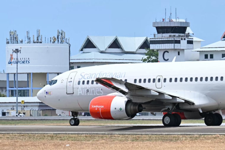 A Scandinavian Airlines plane lands at Langkawi Airport, Malaysia, on March 3, 2024.