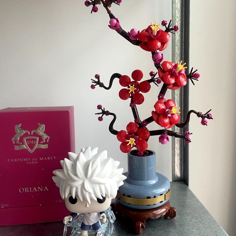 (From left to right) A pink perfume box, a Funko Pop and a fully-assembled Lego Plum Blossom flower kit on a silver shelf.