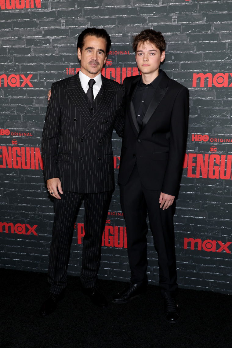 Colin Farrell and Henry Farrell at the "The Penguin" New York premiere at Jazz at Lincoln Center on Sept. 17, 2024.