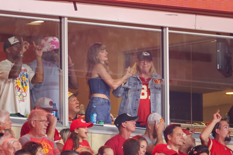 Taylor Swift reacts with Donna Kelce as the Kansas City Chiefs take on the Baltimore Ravens during the fourth quarter at GEHA Field at Arrowhead Stadium on Sept. 5, 2024 in Kansas City, Missouri.