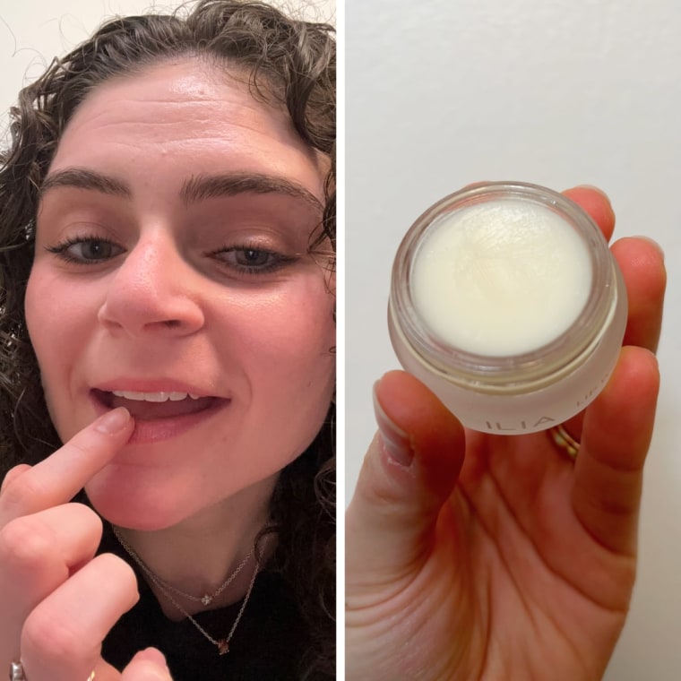 On the left, a woman holds the Ilia Lip Wrap Treatment Mask. On the right, she applies it to her lips using her finger.