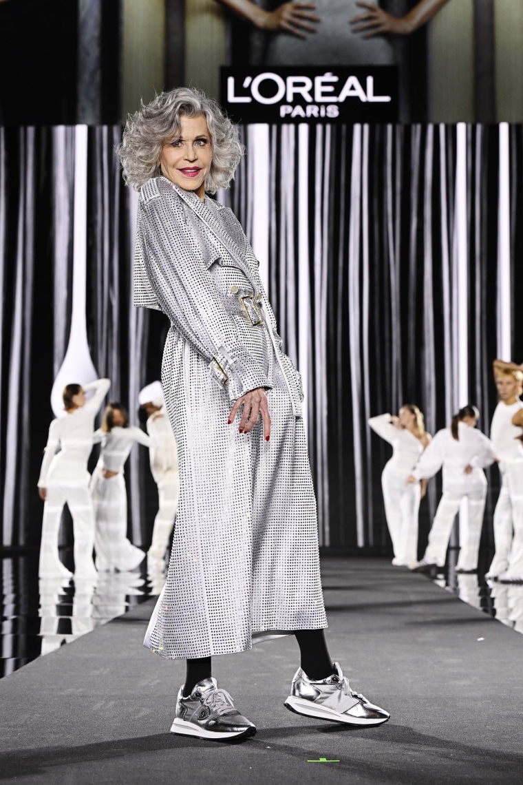 Jane Fonda Rocks Gray Hair And Silver Sneakers At Paris Fashion Week