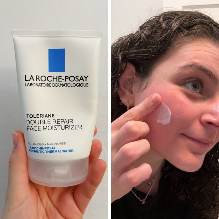 On the left, a woman holds the moisturizer in her hand. On the right, she swipes it on her right cheek.