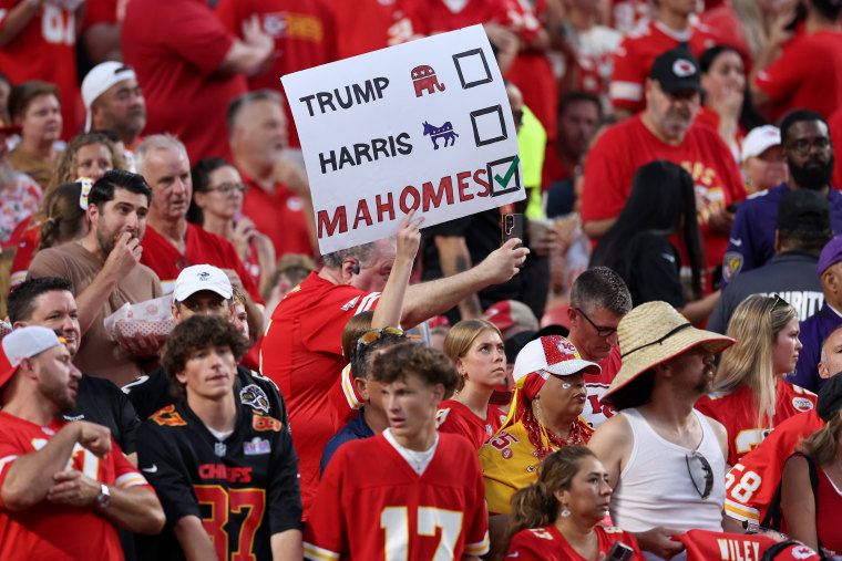 Fans hold signage supporting Patrick Mahomes at the Sept. 5, 2024 game.