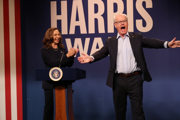 Maya Rudolph as Kamala Harris and Jim Gaffigan as Tim Walz against a blue background.