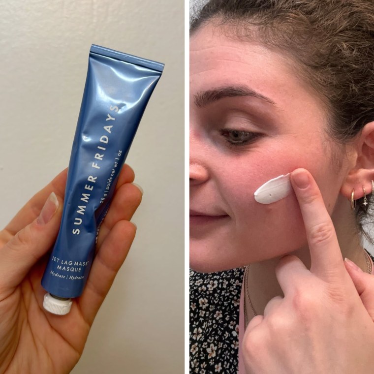 On the left, a woman holds the Summer Fridays Jet Lag Mask in her hand. On the right, she swipes it on her left cheek.