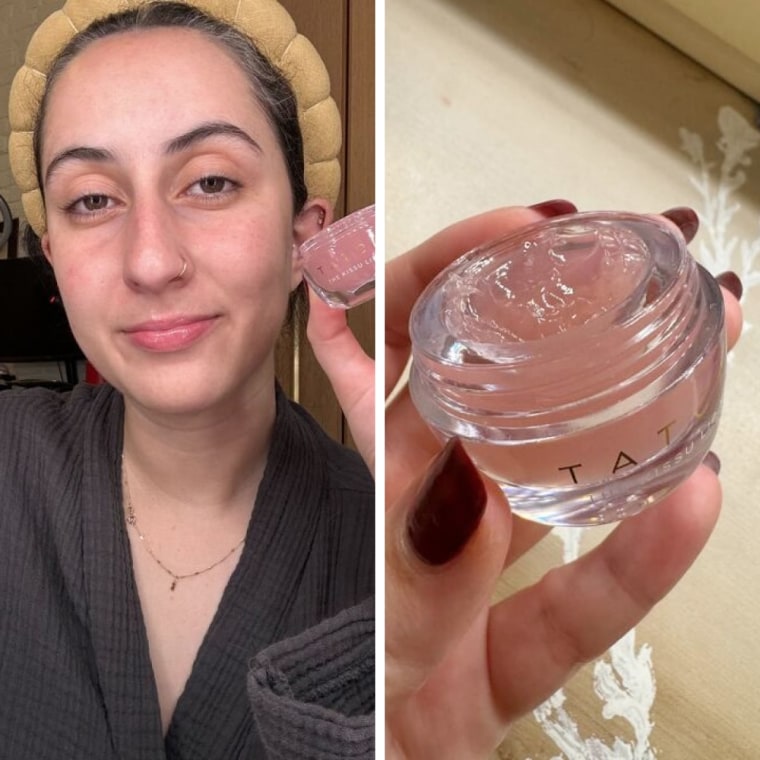 On the left, a woman holds an opened tub of the Tatcha Kissu Lip Mask. On the right, she holds it by her face after applying it to her lips.