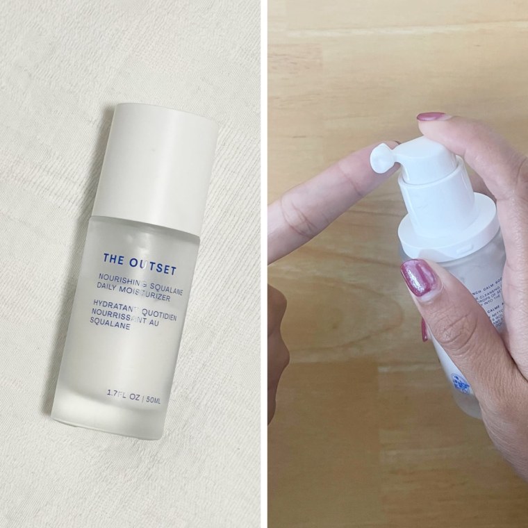 On the left, The Outset Nourishing Squalane Daily Moisturizer lays on a white quilted blanket. On the right, a woman dispenses it on her finger.