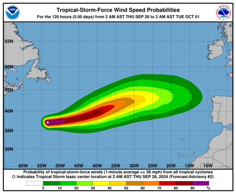 Pronóstico de la velocidad de los vientos de la tormenta tropical Isaac.