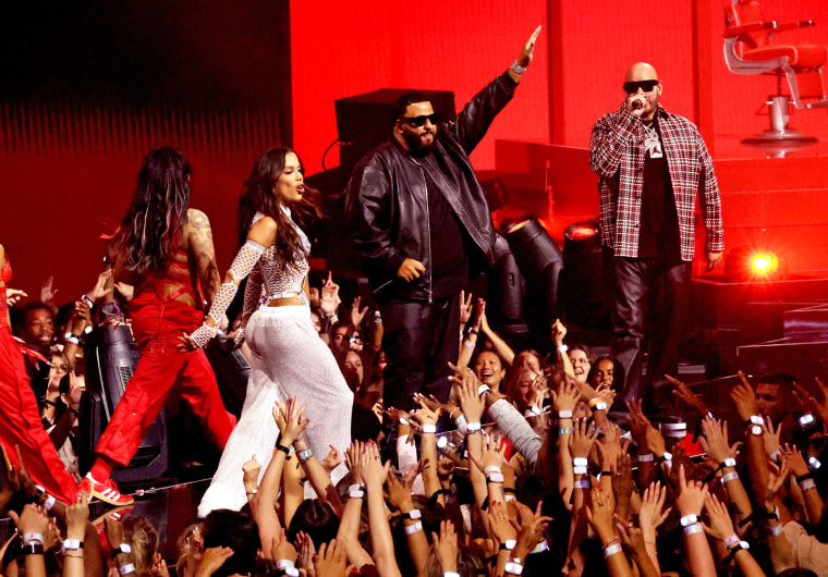 Anitta, DJ Khaled, and Fat Joe perform during the 2024 MTV Video Music Awards.