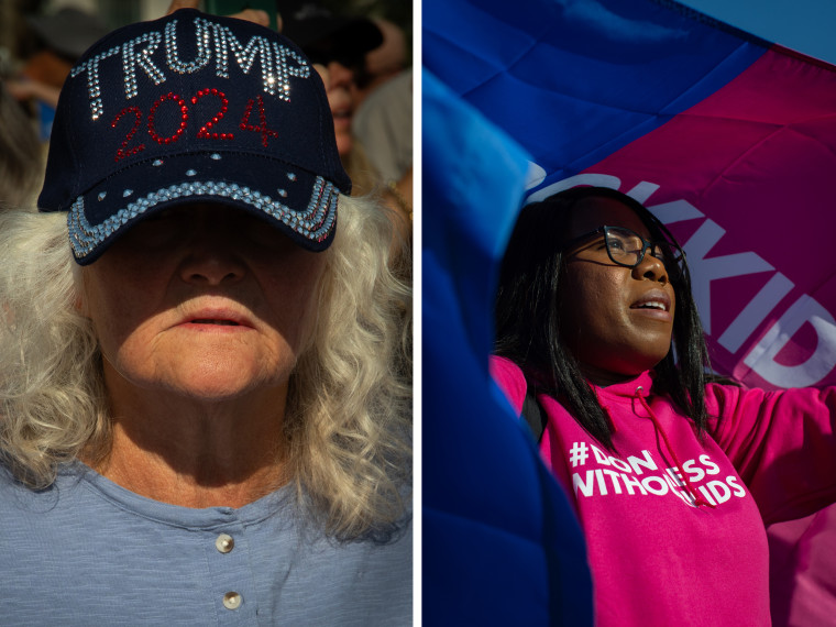 Maryn Freitag, left, said she came from Minnesota “to stand with the man who God has selected as the president.” Ekanem Amba, right, from Texas, prays while holding a “Don’t Mess with Our Kids” flag. 
