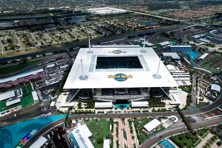 An aerial view of Hard Rock Stadium in Miami Gardens, Florida on May 2, 2022. 