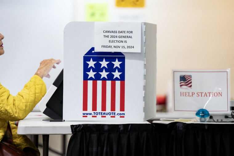 A person votes during early voting at a polling station in Black Mountain, N.C. on Oct. 18, 2024. 