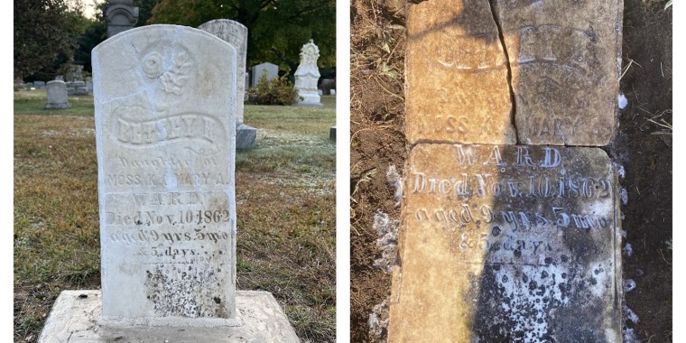 Allison Stevenson restaura una lápida rota en el cementerio Felts Mills en el condado de Jefferson, Nueva York