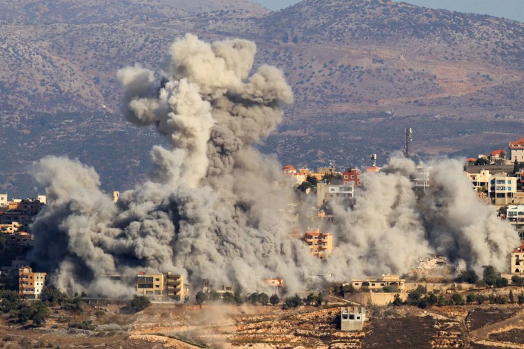 Smoke billows from an Israeli airstrike on the the southern Lebanese village of Khiam