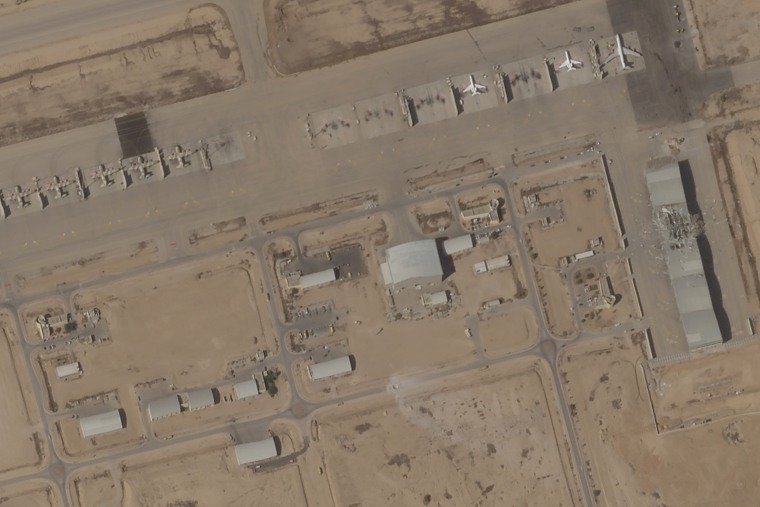 A satellite image shows a damaged hangar at Israel's Nevatim Air Base on Octtober 2, 2024.