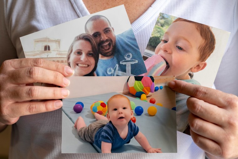 Yifat Zailer with photos of the Bibas family.