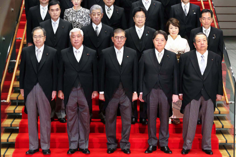 Japan's new Prime Minister Shigeru Ishiba, at front center, with the members of his cabinet in Tokyo on Oct. 1, 2024.