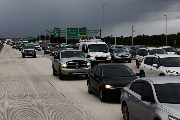 Traffic is heavy as thousands evacuate ahead of Hurricane Milton on Oct. 7, 2024, in St. Petersburg, Fla.