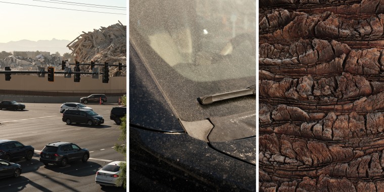 Vehicles passed piles of debris from the demolished Tropicana on Wednesday, and a film of dust blanketed vehicles and trees.