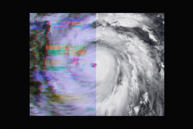 Satellite image of the hurricane split into two; The left side is glitched and distorted 