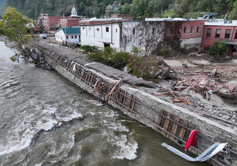 Flood damage wrought by Hurricane Helene along the French Broad River in Marshall, N.C.