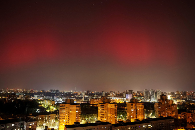 Northern Lights, also known as aurora borealis, light up the sky in Kyiv