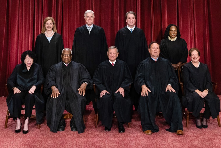 Seated from left: Associate Justice Sonia Sotomayor, Associate Justice Clarence Thomas, Chief Justice John Roberts, Associate Justice Samuel Alito Jr. and Associate Justice Elena Kagan. Standing from left: Associate Justice Amy Coney Barrett, Associate Justice Neil Gorsuch, Associate Justice Brett Kavanaugh and Associate Justice Ketanji Brown Jackson.