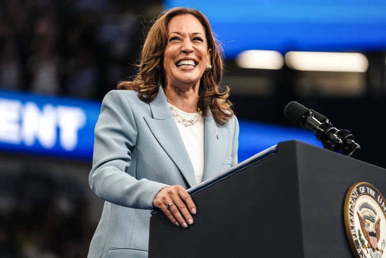 Kamala Harris stands behind the podium and smiles