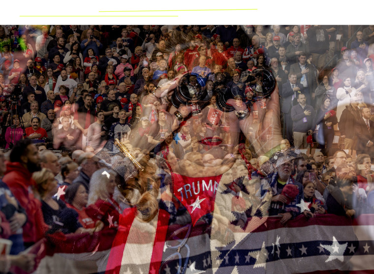 Double exposure photography of a woman peering through binoculars as people stand for the pledge of allegiance at a Trump rally. 