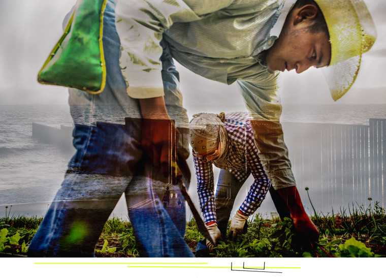 Double exposure of two migrant workers in a field and the U.S.-Mexico border wall.