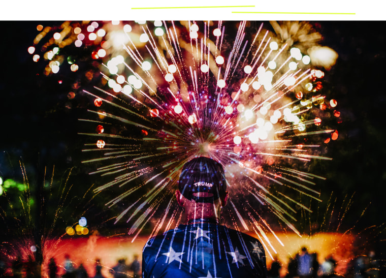 Double exposure of a man in a Trump hat and fireworks in the sky.