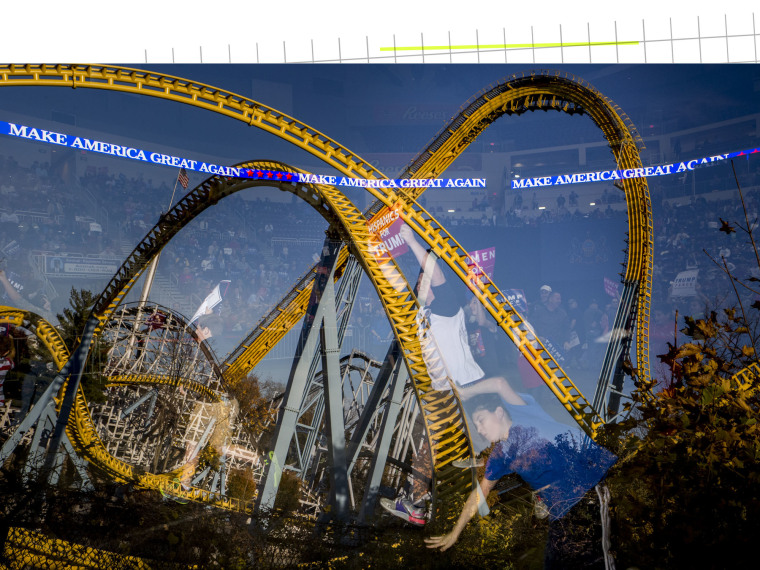 Double exposure of attendees at the campaign rally and a large rollercoaster.