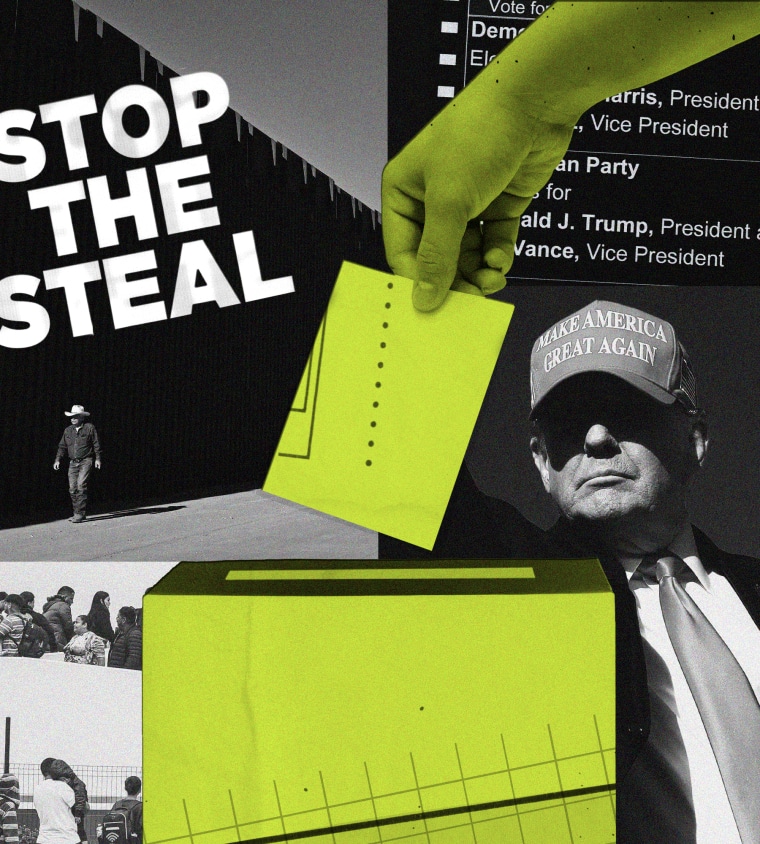 Photo collage depicting a hand placing a ballot into a ballot box; Donald Trump's image "MAGA" V; migrants seeking asylum at the Tijuana border crossing in Mexico; a man walks past the wall on the Mexico-US border; "stop theft" and the text of the ballot for the 2024 presidential election