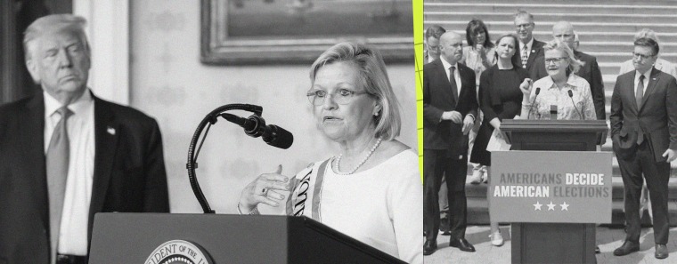 Cleeta Mitchell speaks at the White House next to President Donald Turmp; Cleeta Mitchell at a pre