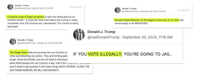 Post made by former President Donald Trump about illegal immigrants, voting illegally and illegal aliens.