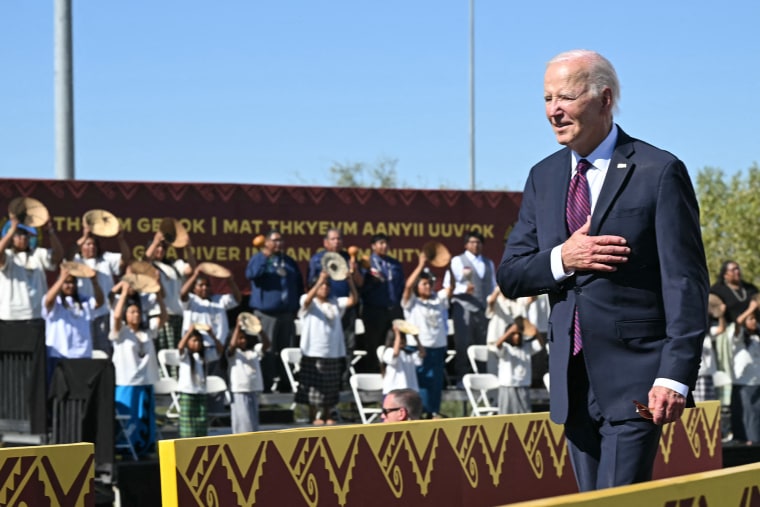 President Joe Biden after speaking at the Gila River Crossing School 