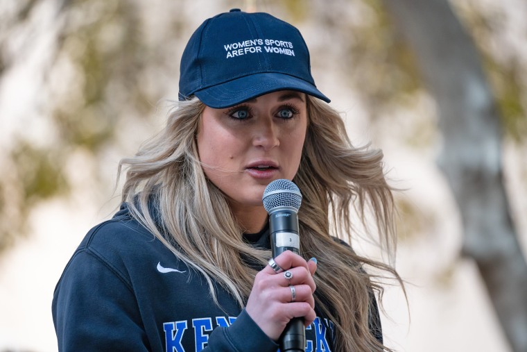 Riley Gaines speaks at a rally outside Phoenix City Hall on Jan. 11, 2024.