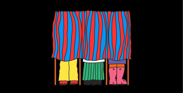 Colorful illustration of people standing behind a voting tent 