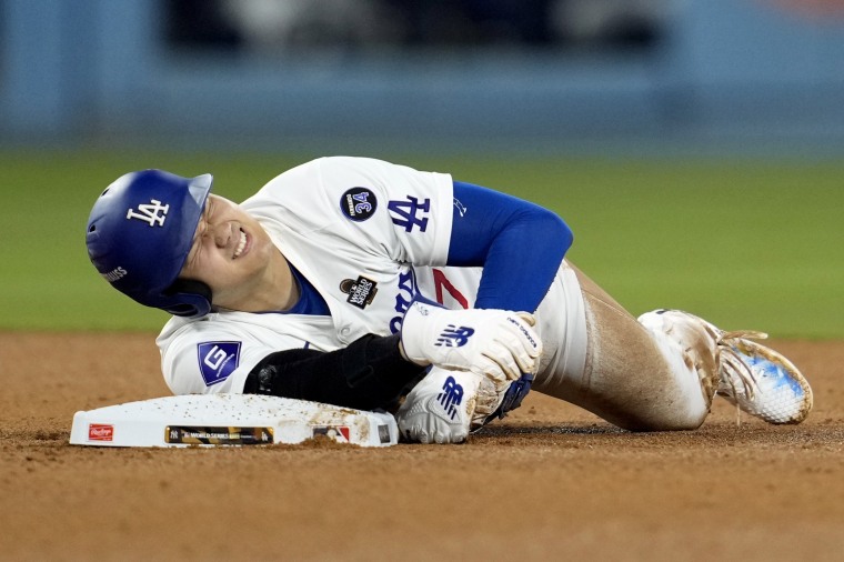 Shohei Ohtani of the Los Angeles Dodgers after he was injured while attempting to steal second base in the seventh inning in Game 2 of the World Series against the New York Yankees on Saturday night.