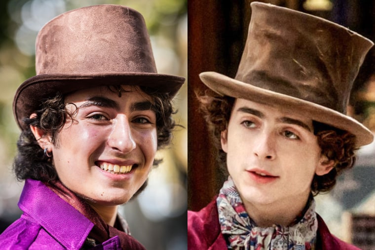 A side by side split image of Miles Mitchell and Timothee Chalamet, both in Willy Wonka costumes