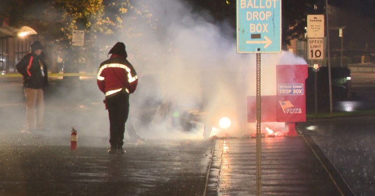 A ballot box on fire in Vancouver, Wash.