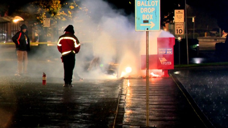 A ballot box on fire in Vancouver, Wash.